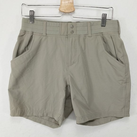 Simms Fishing Shorts Women Medium 6 Beige Gray Elastic Waist Performance Stretch - Picture 1 of 8